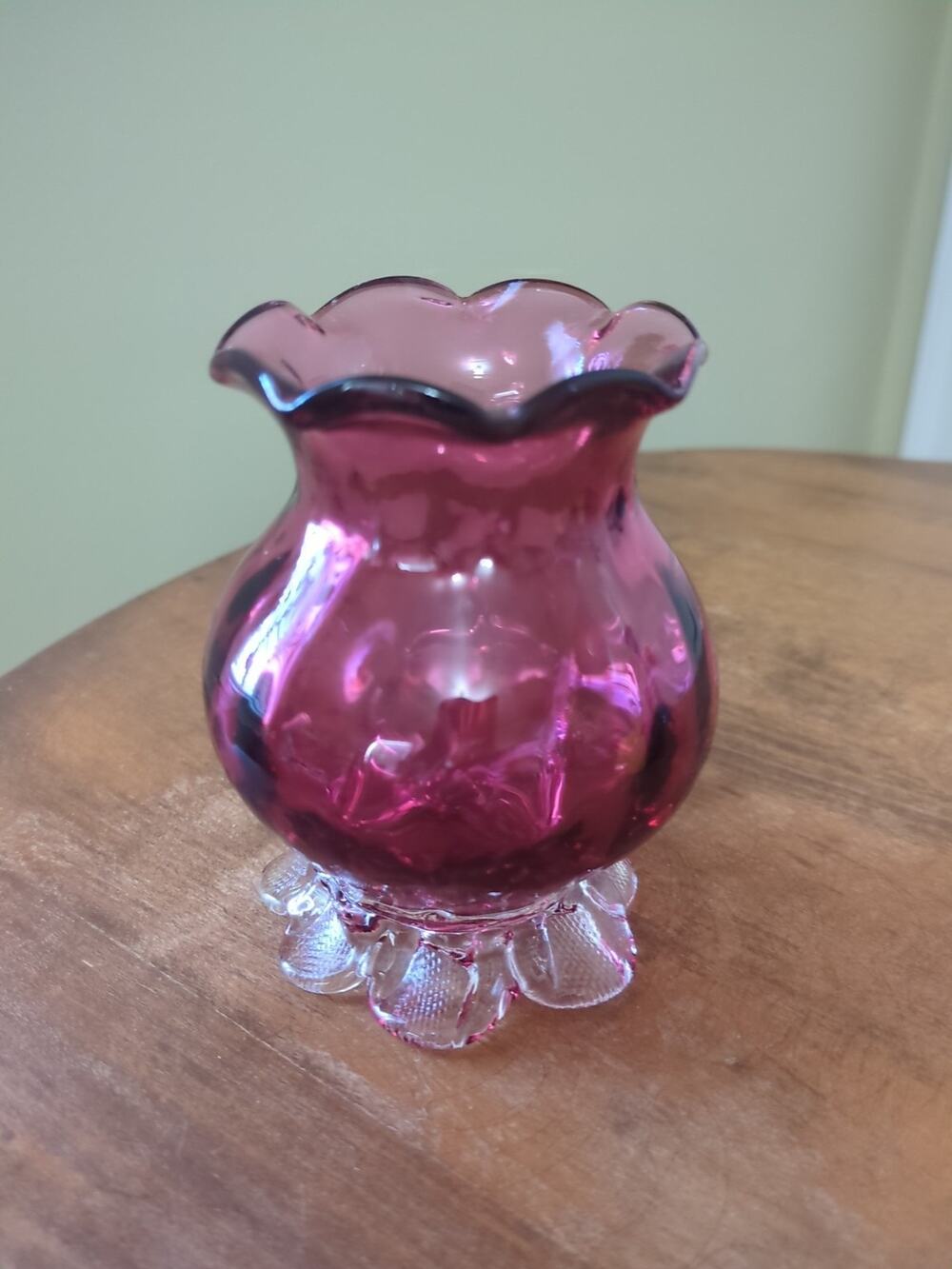 Pilgrim Round Footed Cranberry Vase Ruffled Edge 3 3/4" Tall